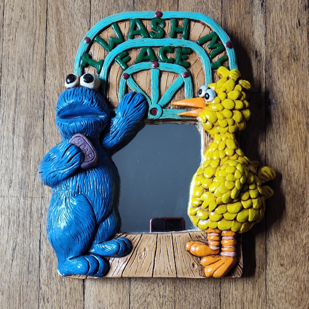 1970s Cookie Monster Big Bird Sesame Street I Wash My Face Chalkware Mirror